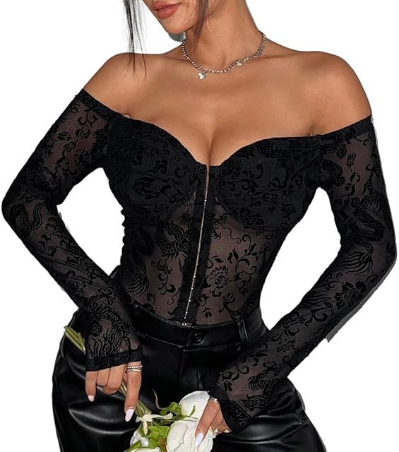 Women Lace Bodysuit Tops Sexy Sheer Mesh Long Sleeve Bodysuit Fall Stylish V Neck Slim Jumpsuits for Going Out Outfit