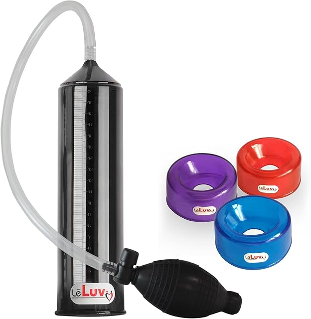 LeLuv 2.25 Inch by 9 Inch BGrip Penis Pump Black Ball Grip with Black Graduated Cylinder/Clear Collapse-Resistant Hose with .9", 1.2" and 1.4" TPR Sleeves