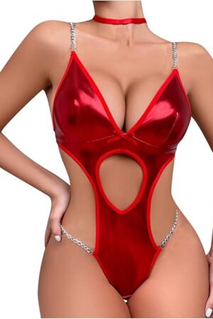 Women's Faux PU Leather Sleeveless Spaghetti Strap Cami Bodysuit Wet Look Lingerie V Neck Cut Out Leotard Clubwear