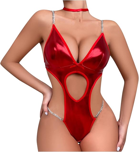 Women's Faux PU Leather Sleeveless Spaghetti Strap Cami Bodysuit Wet Look Lingerie V Neck Cut Out Leotard Clubwear