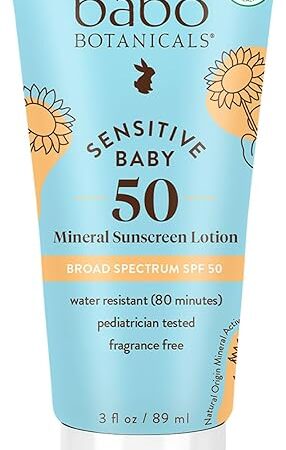 Babo Botanicals Sensitive Baby Mineral Sunscreen Lotion SPF50 - Natural Zinc Oxide - Face & Body - Fragrance-Free - Water-Resistant - EWG Verified - Vegan - Extra Sensitive Skin - For Babies & Kids