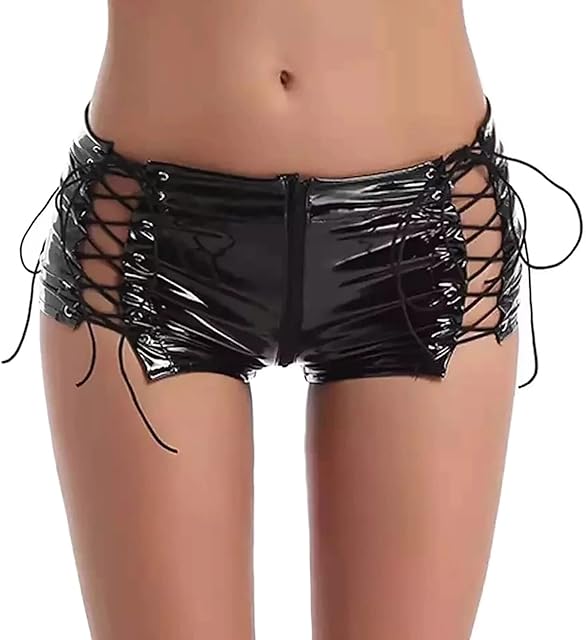Women's Leather Booty Shorts Shiny Metallic PVC Lingerie Shorts for Rave Dance Festival Party Club