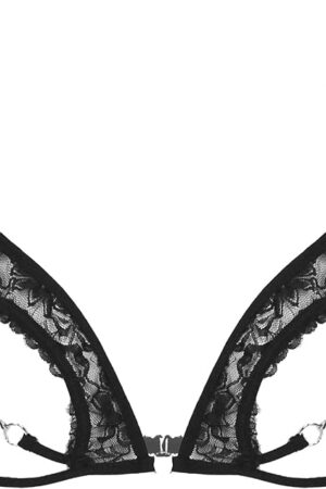 Womens Sexy Lingerie Sheer Floral Lace Hollow Out Open Nipples Bra Tops with Metal Rings Linked At Bust