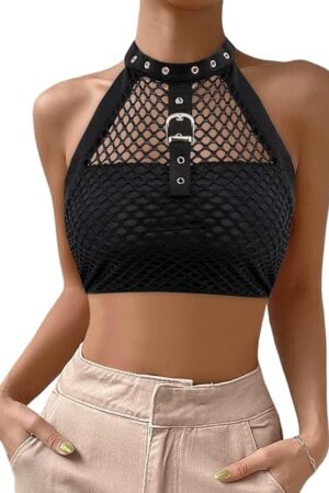 Women's Sexy Fishnet Choker Buckle Halter Crop Tank Top Backless Punk Cami Bandeau Clubwear for Rave Party