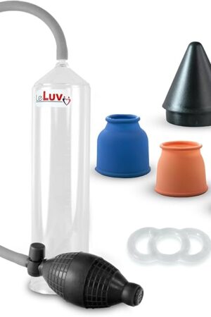 LeLuv Easyop 2.25 Inch by 9 Inch Clear Cylinder Penis Pump Black Bgrip Handle and Uncollapsable Silicone Hose | 3 Sizes of Sleeve 1 Inch to 1.5 Inch, Number 5 (.7 Inch) Ring and Easy Loader Cone