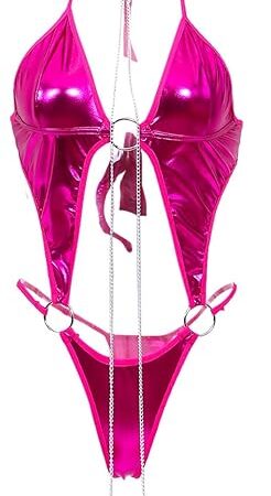 Women's Sexy Leather Lingerie Set Choker Chain Linked Cut Out Bodysuit Teddy Clubwear Stripper Outfits for Sex