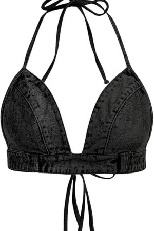 Women's Denim Halter Top Tie Backless Triangle V Neck Sexy Jean Crop Top Country Western Bustier