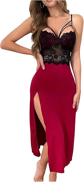Women's Lace Lingerie Dress Sleeveless High Slit Long Nightgown Chemise Nightdress
