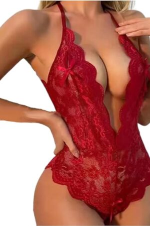 Women's One Piece Lingerie Deep V Sexy Lace Bow Nightie Cutout Backless Strappy Babydoll Sleeveless Transparent Dress