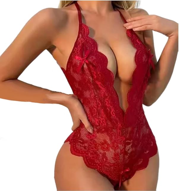 Women's One Piece Lingerie Deep V Sexy Lace Bow Nightie Cutout Backless Strappy Babydoll Sleeveless Transparent Dress