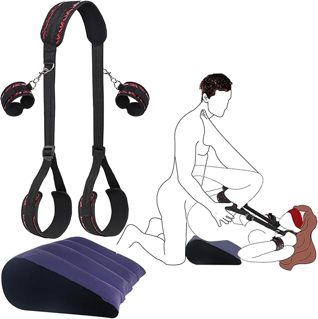 BDSM Sex Restraints with Sex Toys Inflatable Ramp Pillow,Legs Sex Bondage with Neck to Ankle/Thigh Cuff,Fetish Handcuffs Blindfold,Adjustable Sex SM Bondaged Restraints Set for Couples Women Men