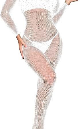 Women Sexy Lace Jumpsuit, Leopard Fishnet Bodysuit Dancer Glow Rave Outfits, One Piece Mesh Full Rhinestone Lingerie