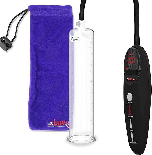 LeLuv Black Magna Pro+ Electric Penis Pump - 9" Length x 200" Diameter Round Flange Cylinder - LCD Smart Handheld USB Rechargeable Untapered Acrylic Quick-Disconnect