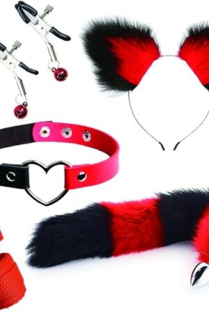 5pcs Set Anal Sex Toys Fox Tail Butt Plug Sexy Plush Cat Ear Headband with Mental Heart Leather Necklace Handcuff for Couples Cosplay