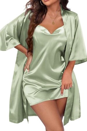 Women's Satin Robe Set Nightgown with Robes Silk Pajama Set 2 Pieces Lingerie Cowl Neck Cami Sleepwear Sets