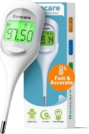 Boncare 9 Seconds Basal Body Thermometer for Ovulation, Oral Thermometer for Adults and Kids - Accurate Rectal Thermometer, with Fever Alarm and Large Display, FSA HSA Eligible (Rice-White)