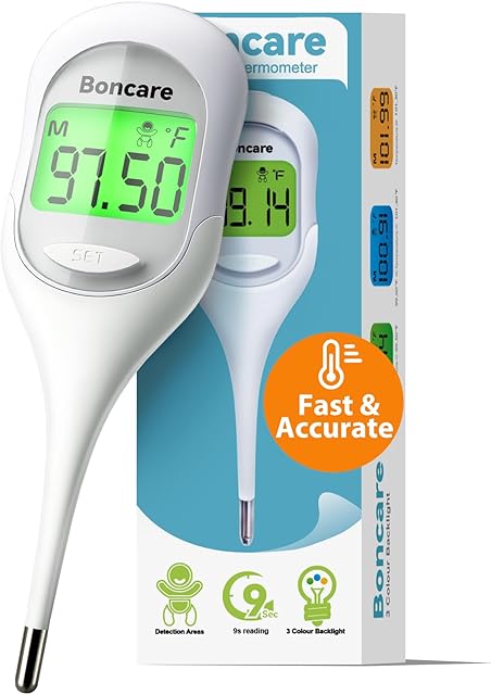 Boncare 9 Seconds Basal Body Thermometer for Ovulation, Oral Thermometer for Adults and Kids - Accurate Rectal Thermometer, with Fever Alarm and Large Display, FSA HSA Eligible (Rice-White)