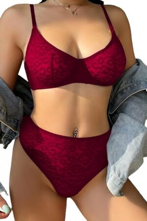 Women's Sexy Mesh Lace Underwire Lingerie Set Leopard Print See Through Bra and Panty 2 Piece Wine Red Large