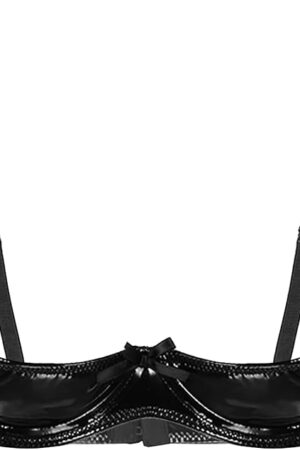 Women's Shiny Metallic PVC Leather Sexy Lingerie Set 1/4 Cup Unlined Shelf Bra Tops