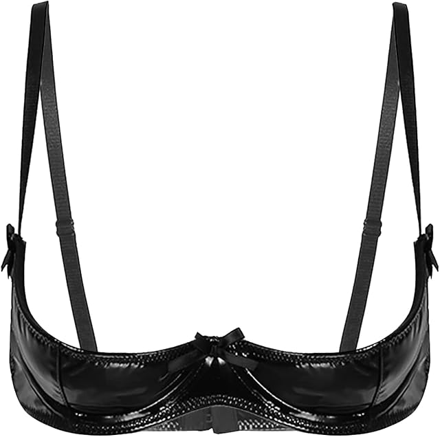 Women's Shiny Metallic PVC Leather Sexy Lingerie Set 1/4 Cup Unlined Shelf Bra Tops