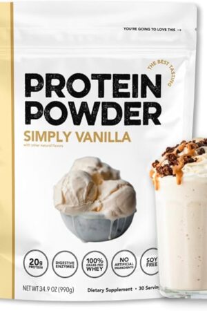 Clean Simple Eats Whey Protein Powder, Simply Vanilla Flavor Naturally Sweetened, 100% Grass Fed Protein Powder with Digestive Enzymes & No Artificial Ingredients, Gluten Free, 30 Servings