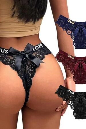 2-Pack Personalized Thongs with Names,Sexy Lace Bow Custom Panties for Women,Customized Thong with Name On It