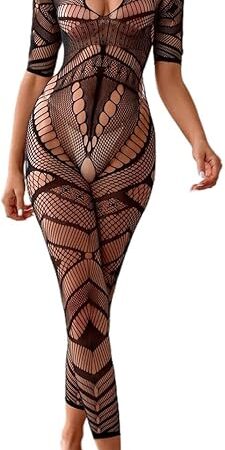 Women Sexy Crotchless Underwear Hollow Lingerie Babydoll Striped Mesh Sleepwear Half-sleeves Bodystocking