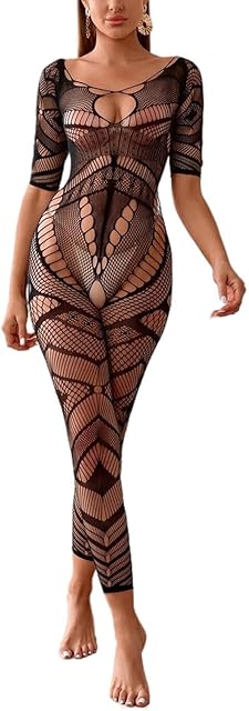 Women Sexy Crotchless Underwear Hollow Lingerie Babydoll Striped Mesh Sleepwear Half-sleeves Bodystocking