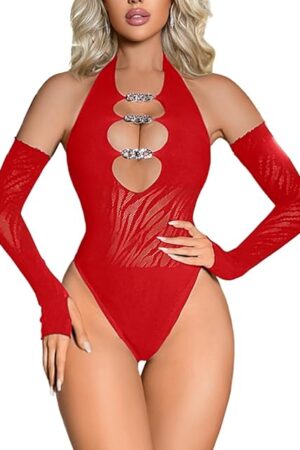 Women's Sheer Zebra Bodysuit for Club, Sexy Plunge Cutouts with Chains Festival Outfits Fits 0-12