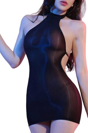 Women Shiny Bodystockings Dress Tights Sexy Neck-Hanging Lingerie Bodycon Sheer One-Piece Wrap-Around Dress