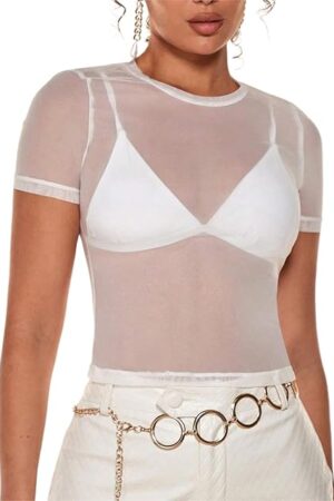 Women Sexy See Through Sheer Mesh Crop Tee Top Y2K Slim Fit Short Sleeve Crewneck Cropped Blouse Shirt Clubwear