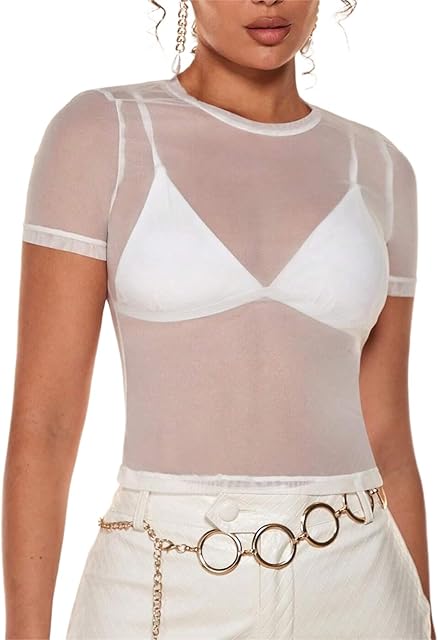 Women Sexy See Through Sheer Mesh Crop Tee Top Y2K Slim Fit Short Sleeve Crewneck Cropped Blouse Shirt Clubwear