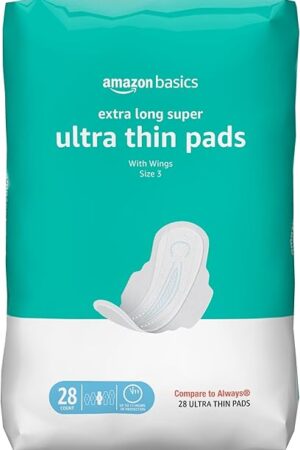 Amazon Basics Ultra Thin Pads with Flexi-Wings for Periods, Extra Long Length, Super Absorbency, Unscented, Size 3, 28 Count, 1 Pack (Previously Solimo)
