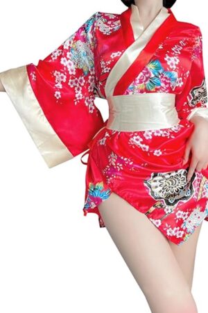 Womens Floral Kimono Bathrobe Mini Dress Nightgown Nightwear Japanese Short Yukata Sleepwear Outfit Belt Lingerie