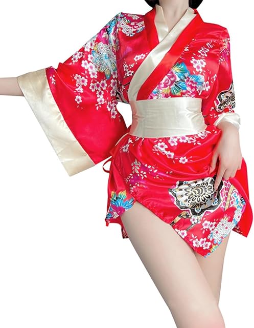 Womens Floral Kimono Bathrobe Mini Dress Nightgown Nightwear Japanese Short Yukata Sleepwear Outfit Belt Lingerie