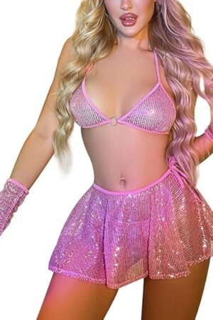 Womens Shiny Sequin Rave Outfits See Through Halter Bra Top Mini Skirt Lingerie Set Glitter Hologram Clubwear