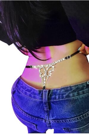 Women Sexy Crystal G-string Thong Rhinestone T Back Belly Waist Chain Underpants Mini Underwear Body Jewerly (Butterfly-Silver)