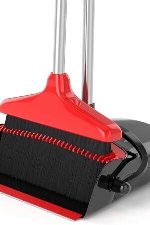 Broom with Dustpan Combo Set 54" Long Handle Adjustable Length Stainless Steel Broomstick Standing Dust Pan and Broom Set for Office Home Kitchen Lobby Floor Cleaning (Red and Black)