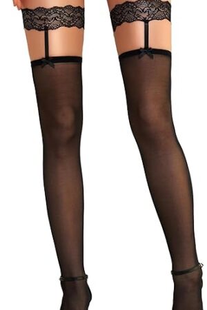 Women's Thigh High Stockings - Silicone Lace Top Sheer Stocking Sexy Bow Suspenders Pantyhose