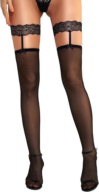 Women's Thigh High Stockings - Silicone Lace Top Sheer Stocking Sexy Bow Suspenders Pantyhose