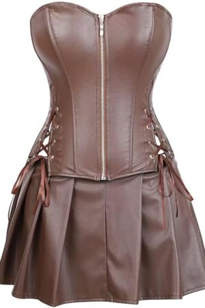 Leather Corset Dress Skirt Zipzer Women's Sexy Punk Rock Gothic Bustier Lingerie Renaissance Pirate Green
