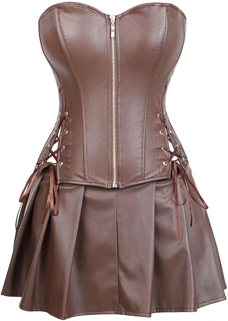 Leather Corset Dress Skirt Zipzer Women's Sexy Punk Rock Gothic Bustier Lingerie Renaissance Pirate Green