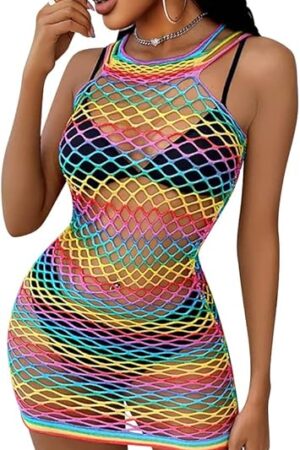 Women Sexy Teddy Rainbow Fishnet Chemise Hot Mesh Mini Dress Lingerie Babydoll Bodysuit See Through Cover Up Dress