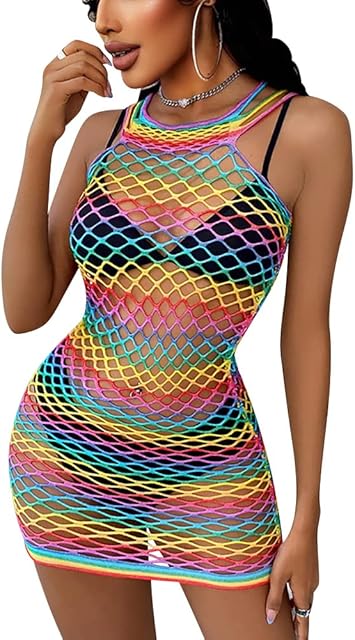 Women Sexy Teddy Rainbow Fishnet Chemise Hot Mesh Mini Dress Lingerie Babydoll Bodysuit See Through Cover Up Dress