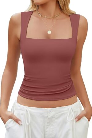 Women's Square Neck Tank Top Double Lined Basic Crop Tops Going Out Shirt Slim Fit Summer