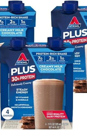 Atkins Creamy Milk Chocolate PLUS Protein Shake, 30g Protein, 7g Fiber, 2g Net Carb, 1g Sugar, Keto Friendly, Low Carb, High Protein Drink, 12 Count