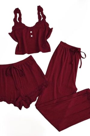 Women's Plus Size Pajamas Pants Sets with Lace Trim Cami Tops and Shorts Sleepwear 3 Piece Sexy Pjs Sets for Summer
