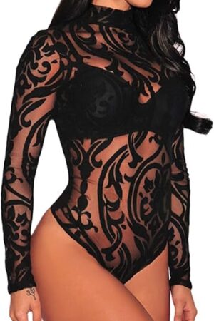 Women Black Sheer Mesh Long Sleeve Jumpsuit Bodysuits Clubwear
