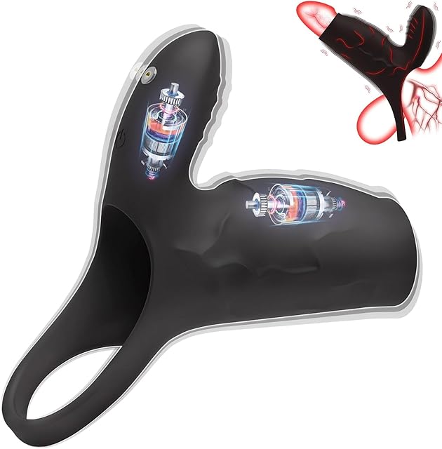 Vibrating Penis Sleeve Cock Rings with Clitoral Stimulator Penis Extender Vibrator with 10 Vibration Modes for Testicles G Spot Stimulation Erection Enhancement Delayed Ejaculation Romi
