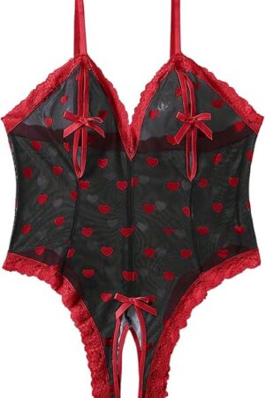 Women's Plus Size Lace Mesh One Piece Lingerie Sexy Heart Print Bow Bodysuit Cut Out Crotchless Teddy